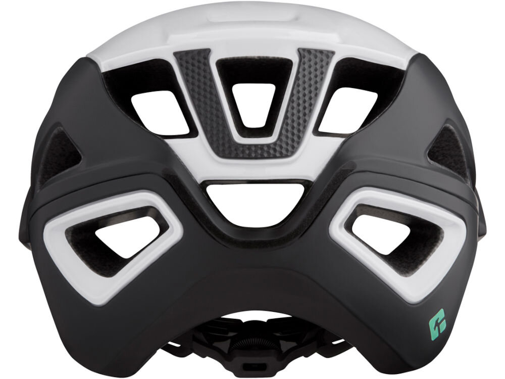 Kask rowerowy LAZER Jackal KinetiCore Czarno-biały MTB (rozmiar M) tył kasku z miejsce na lampkę led widoczność na drodze oświetlenie roweru