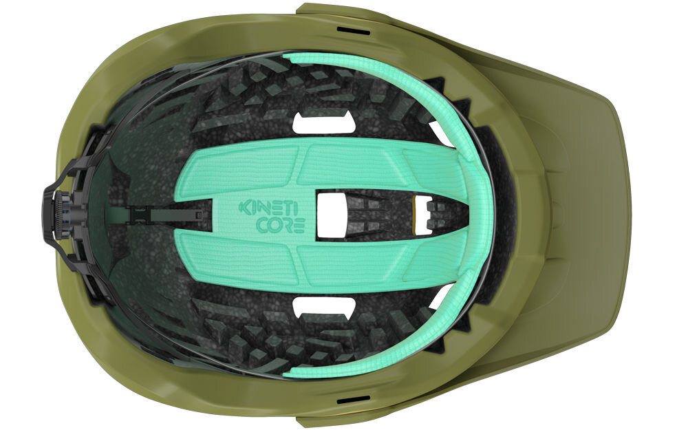 Kask rowerowy LAZER Jackal KinetiCore Złoto-zielony MTB (rozmiar M) widok od spodu wypełnienie kineticore niska waga niskie obciażenie mniej plastiku