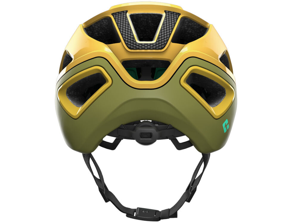 Kask rowerowy LAZER Jackal KinetiCore Złoto-zielony MTB (rozmiar L) tył kasku z miejsce na lampkę led widoczność na drodze oświetlenie roweru