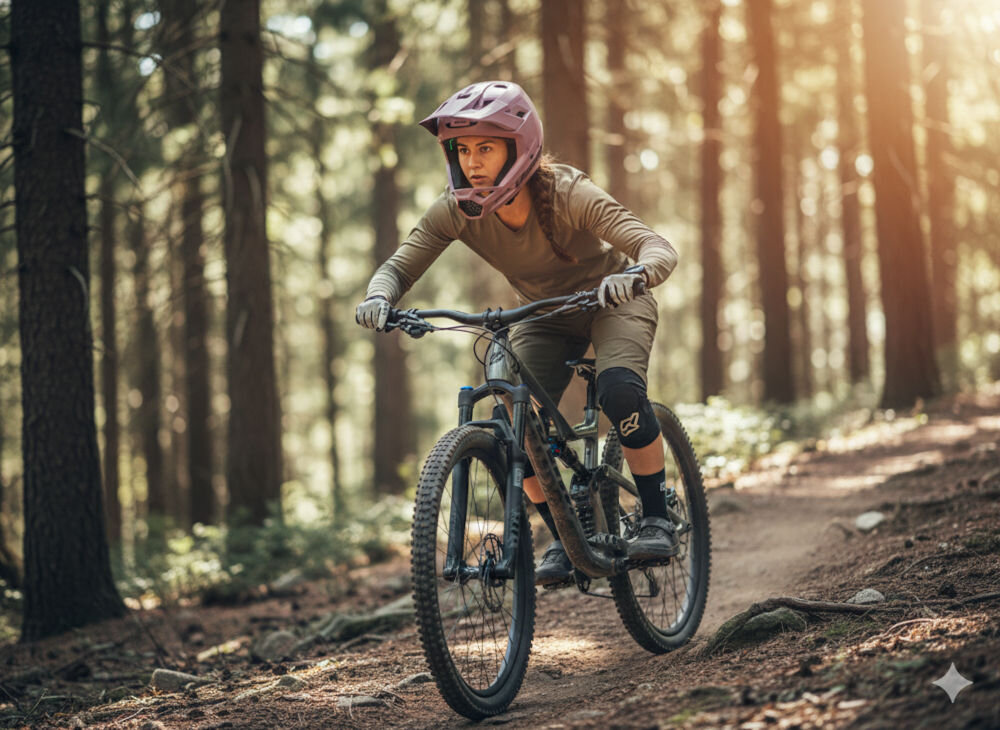 Kask rowerowy LAZER Chase KinetiCore  Kobieta w kasku full-face Lazer Cage jedzie na rowerze MTB po leśnej ścieżce o wschodzie słońca