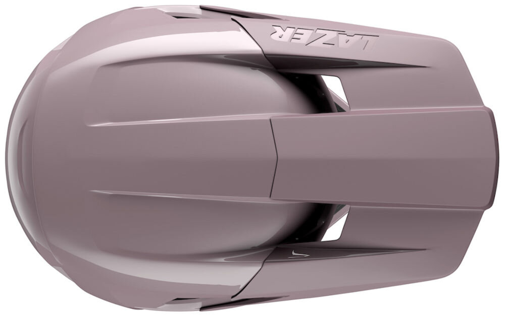 Kask rowerowy w kolorze śliwkowym, widziany z góry, z wyraźnym logo \'LAZER\' na powierzchni. Kask ma aerodynamiczny kształt z kilkoma wycięciami.