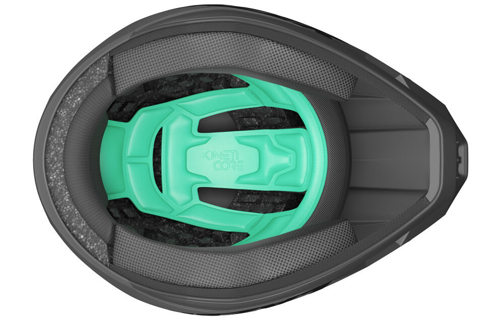 Kask rowerowy LAZER Chase KinetiCore Wnętrze kasku Lazer Cage z widoczną zieloną technologią KinetiCore i miękkimi wyściółkami policzkowymi