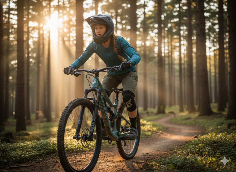 Kask rowerowy LAZER Chase KinetiCore  Kobieta w kasku full-face Lazer Cage jedzie na rowerze MTB po leśnej ścieżce o wschodzie słońca