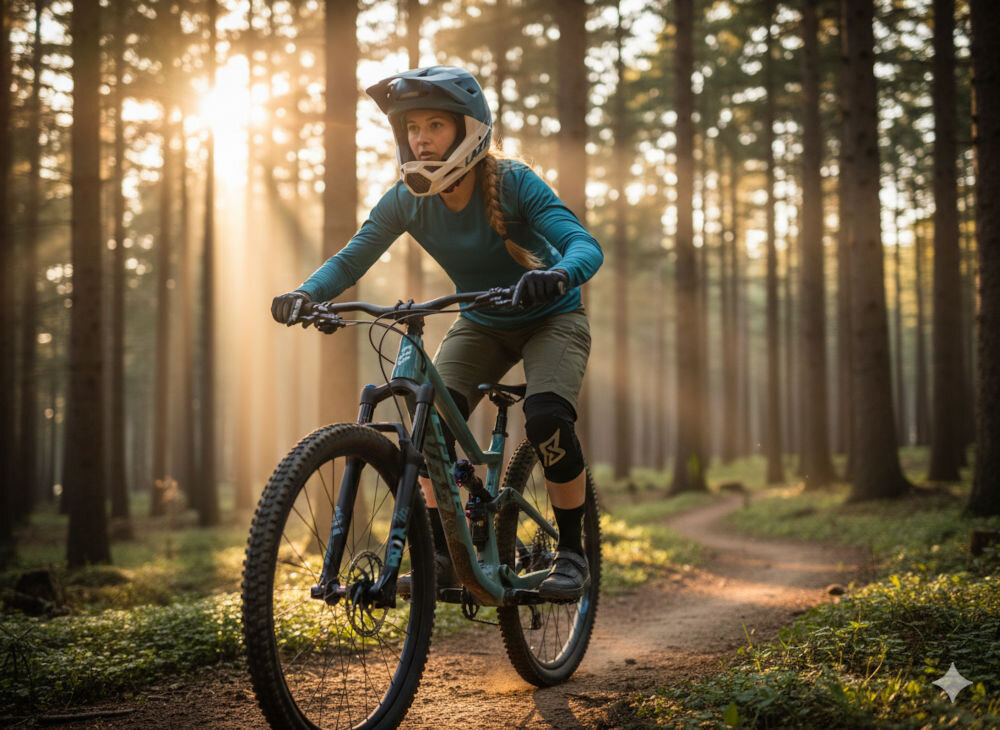 Kask rowerowy LAZER Chase KinetiCore  Kobieta w kasku full-face Lazer Cage jedzie na rowerze MTB po leśnej ścieżce o wschodzie słońca