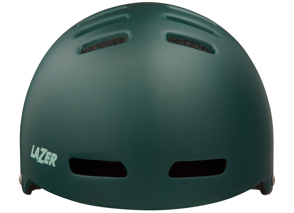Zielony matowy kask z otworami wentylacyjnymi i logo \'LAZER\' na boku. Kask ma gładką powierzchnię i możliwość zamontowania lampki.