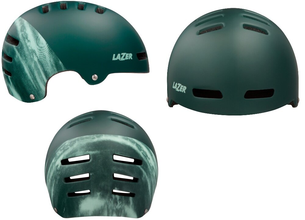 Na obrazie widoczny jest zielony matowy kask z otworami wentylacyjnymi i logo \'LAZER\'. Kask ma możliwość zamontowania lampki i jest pokazany z różnych perspektyw.