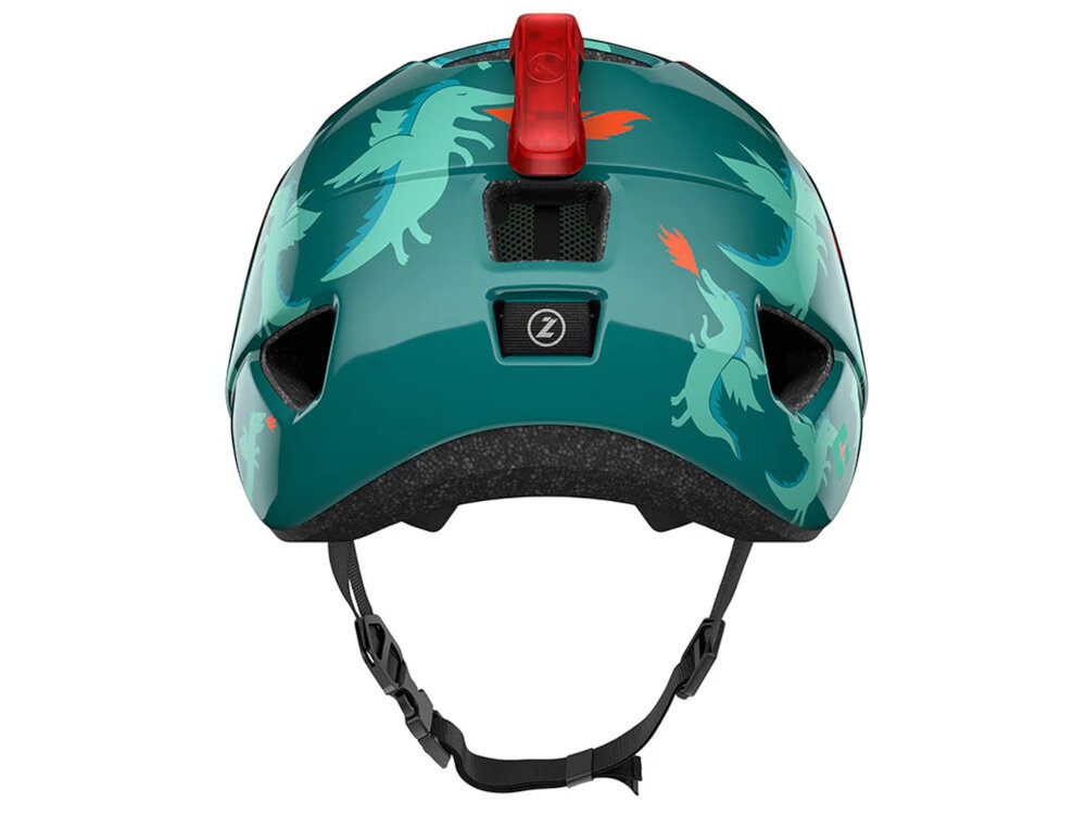 Kask rowerowy LAZER Nutz KinetiCore 2.0 Zielony dla Dzieci (rozmiar 50-56) kask na białym tle widoczny od tyłu na kasku czerwona lampka miejsce do zamontowania opcjonalnej lampki LED zwiększa widoczność po zmroku i w warunkach ograniczonego oświetlenia element poprawiający bezpieczeństwo
