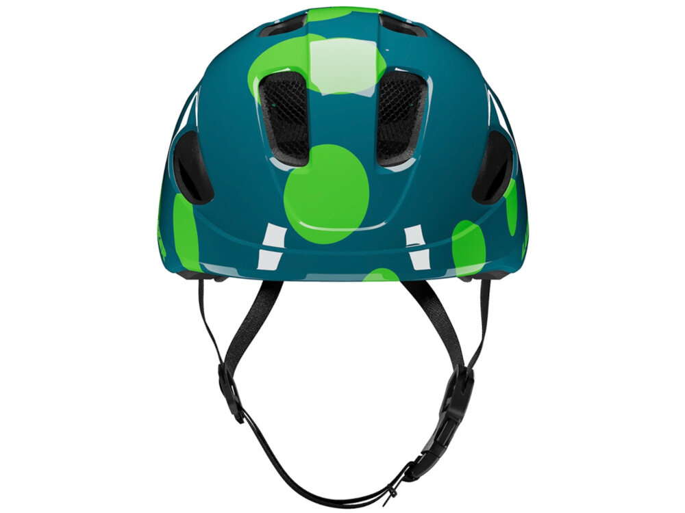 Kask rowerowy LAZER Nutz KinetiCore 2.0 Kropki Zielony dla Dzieci (rozmiar 50-56) kask na białym tle widoczny od przodu bezpieczeństwo ochrona komfort bezpieczna jazda na rowerze