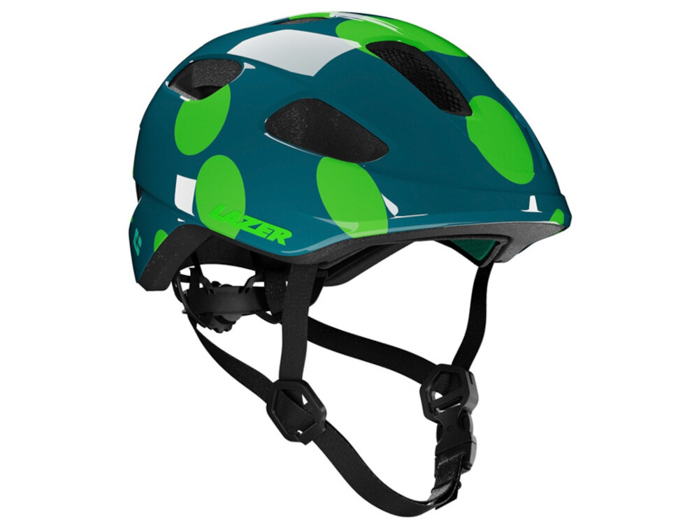 Kask rowerowy LAZER Nutz KinetiCore 2.0 Kropki Zielony dla Dzieci (rozmiar 50-56) kask na białym tle widoczny od przodu pod skosem bezpieczeństwo i komfort najmłodszych użytkowników chroni głowę podczas upadków i uderzeń lekki i wygodny w noszeniu regulowane paski siateczka przeciw owadom osłona skroni ochrona i komfort
