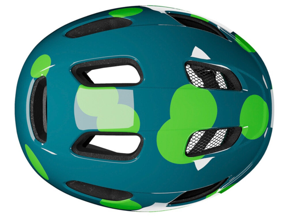Kask rowerowy LAZER Nutz KinetiCore 2.0 Kropki Zielony dla Dzieci (rozmiar 50-56) kask na białym tle widoczny z góry widok na otwory wentylacyjne 12 przemyślanych otworów wentylacyjnych wspierają efektywny obieg powietrza wewnątrz kasku dziecko odczuwa mniejsze nagrzewanie głowy równomierne chłodzenie bez utraty bezpieczeństwa spokojna i przyjemna jazda