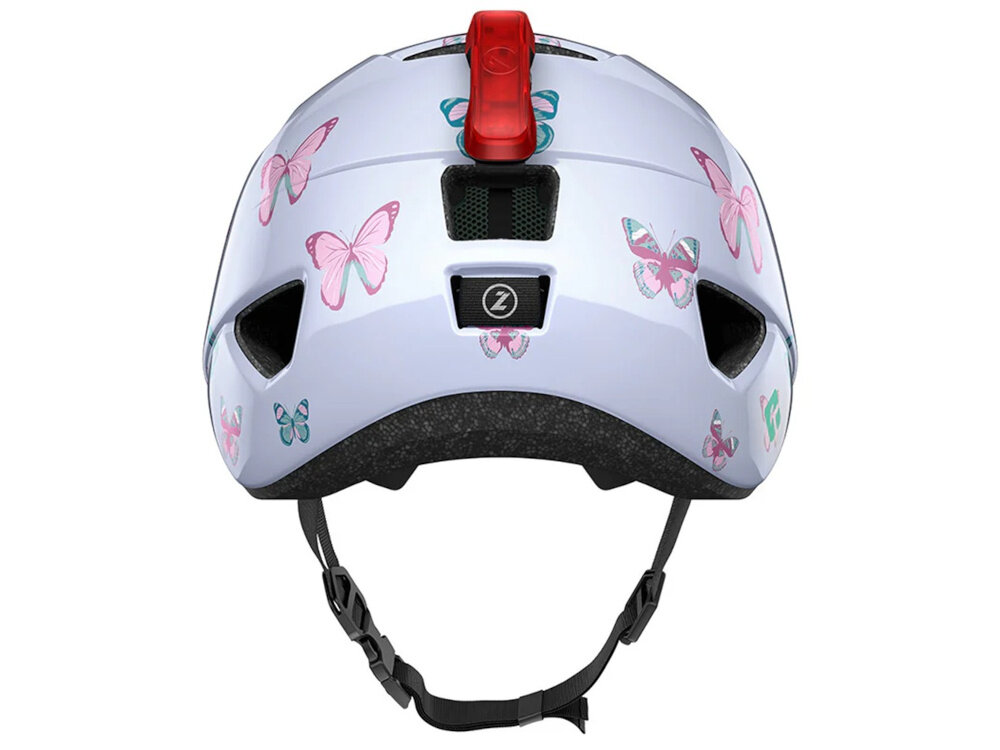 Kask rowerowy LAZER Nutz KinetiCore 2.0 Biały dla Dzieci (rozmiar 50-56) kask na białym tle widoczny od tyłu na kasku czerwona lampka miejsce do zamontowania opcjonalnej lampki LED zwiększa widoczność po zmroku i w warunkach ograniczonego oświetlenia element poprawiający bezpieczeństwo