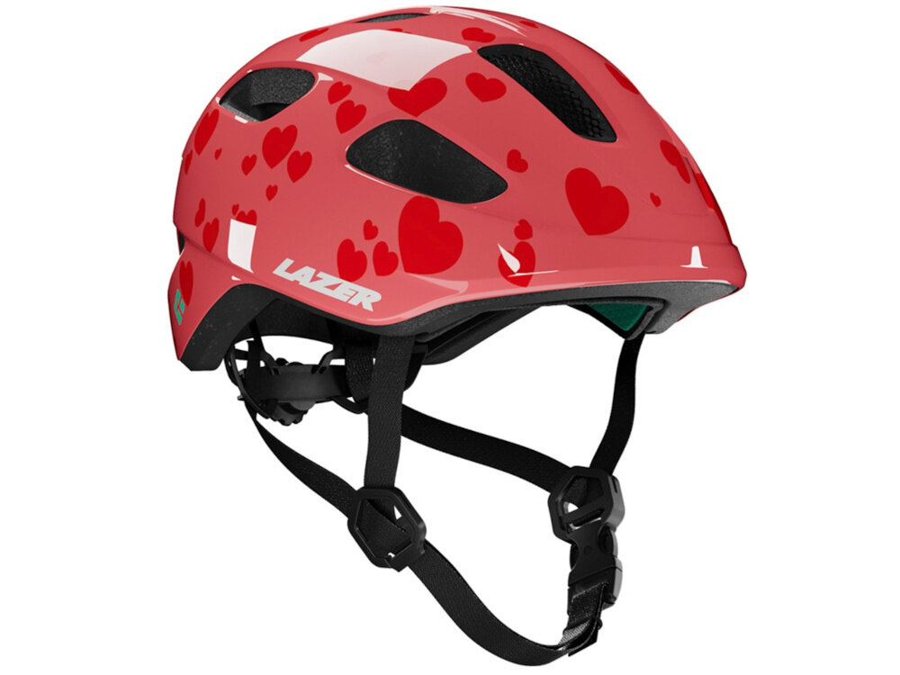Kask rowerowy LAZER Nutz KinetiCore 2.0 Czerwony dla Dzieci (rozmiar 50-56) kask na białym tle widoczny od przodu pod skosem bezpieczeństwo i komfort najmłodszych użytkowników chroni głowę podczas upadków i uderzeń lekki i wygodny w noszeniu regulowane paski siateczka przeciw owadom osłona skroni ochrona i komfort