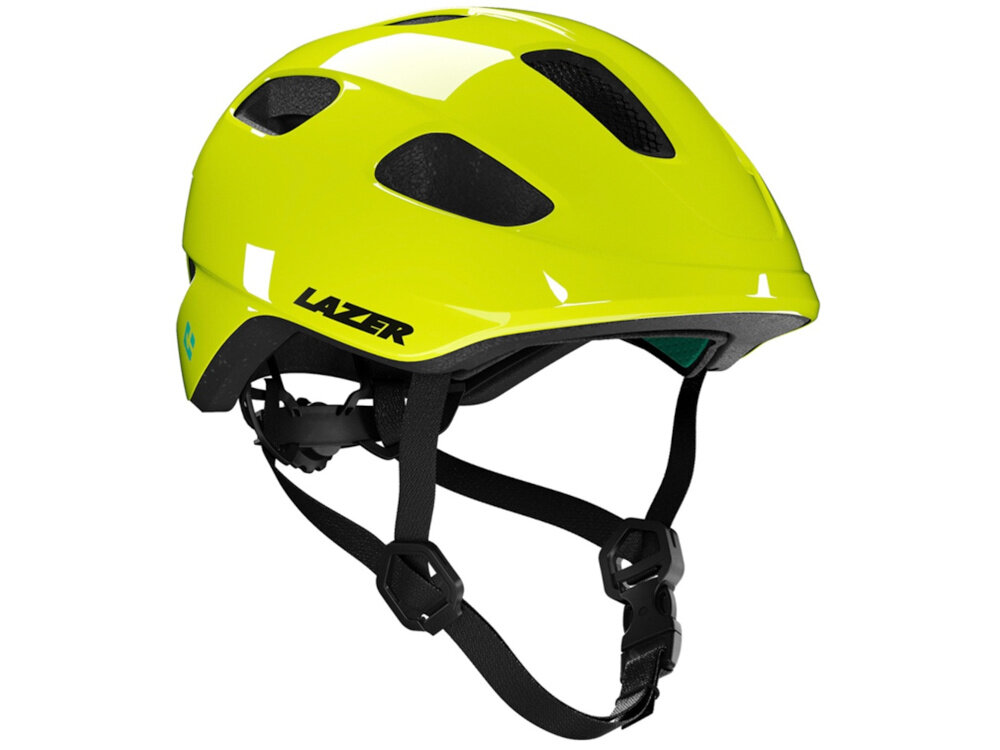 Kask rowerowy LAZER Nutz KinetiCore 2.0 Żółty dla Dzieci (rozmiar 50-56) kask na białym tle widoczny od przodu pod skosem bezpieczeństwo i komfort najmłodszych użytkowników chroni głowę podczas upadków i uderzeń lekki i wygodny w noszeniu regulowane paski siateczka przeciw owadom osłona skroni ochrona i komfort