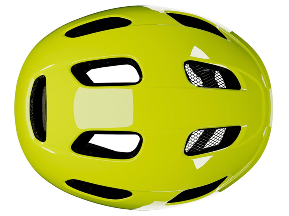 Kask rowerowy LAZER Nutz KinetiCore 2.0 Żółty dla Dzieci (rozmiar 50-56) kask na białym tle widoczny z góry widok na otwory wentylacyjne 12 przemyślanych otworów wentylacyjnych wspierają efektywny obieg powietrza wewnątrz kasku dziecko odczuwa mniejsze nagrzewanie głowy równomierne chłodzenie bez utraty bezpieczeństwa spokojna i przyjemna jazda