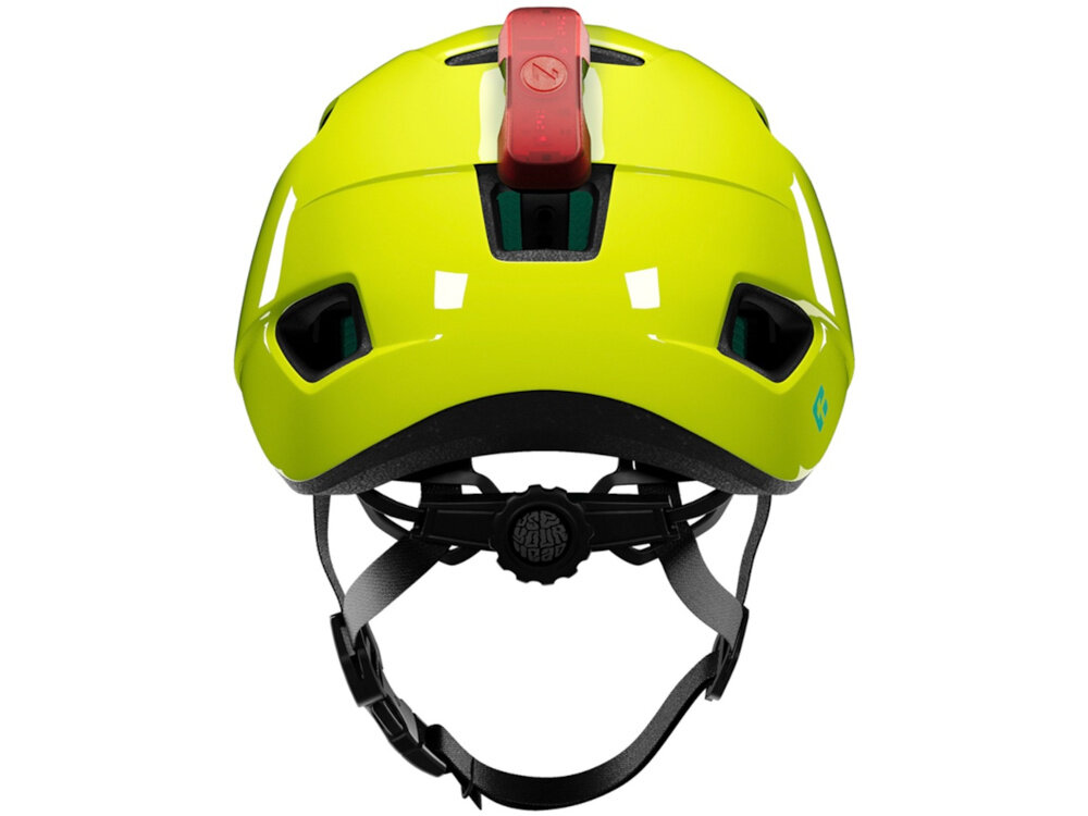 Kask rowerowy LAZER Nutz KinetiCore 2.0 Żółty dla Dzieci (rozmiar 50-56) kask na białym tle widoczny od tyłu na kasku czerwona lampka miejsce do zamontowania opcjonalnej lampki LED zwiększa widoczność po zmroku i w warunkach ograniczonego oświetlenia element poprawiający bezpieczeństwo