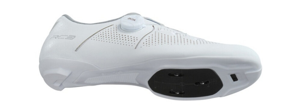 Buty rowerowe SHIMANO SH-RC302 Biały rozmiar 40 but na białym tle widoczny od spodu zintegrowana bezszwowa podeszwa środkowa nylonowa podeszwa wzmocniona włóknem szklanym lepiej stabilizuje stopę pełna kontrola podczas jazdy w wysokim tempie