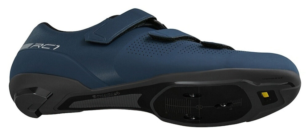 Buty rowerowe SHIMANO SH-RC102 Granatowy rozmiar 43 but widoczny od spodu anatomiczna konstrukcja bardzo dobre dopasowanie do stopy otulający wierzch krótki język z syntetycznej skóry z siatkową powierzchnią odpowiednia wentylacja