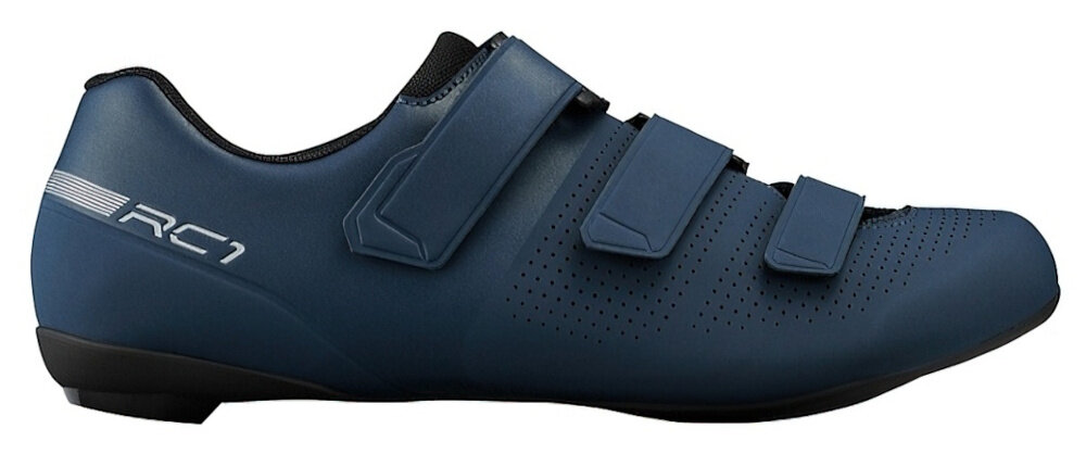 Buty rowerowe SHIMANO SH-RC102 Granatowy rozmiar 43 but na jasnym tle widoczny z boku trzy praktyczne paski na rzepy umieszczone odwrotnie względem podbicia stabilność komfort noszenia stopa leży pewnie w bucie