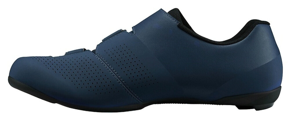 Buty rowerowe SHIMANO SH-RC102 Granatowy rozmiar 44 but widoczny z boku technologia DYNALAST autonomicznie zaprojektowane kopyto eliminację zakrzywienia lepsze dopasowanie buta do naturalnego kształtu stopy pięta jest głębiej osadzona w bucie