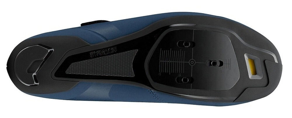 Buty rowerowe SHIMANO SH-RC102 Granatowy rozmiar 44 but na jasnym tle widoczny od spodu platforma do mocowania bloków w systemie SPD-SL umożliwia wpięcie buta w pedały zmaksymalizowanie kręcenia korbą stabilna jazdę na stojąco bezpieczny efektywny trening