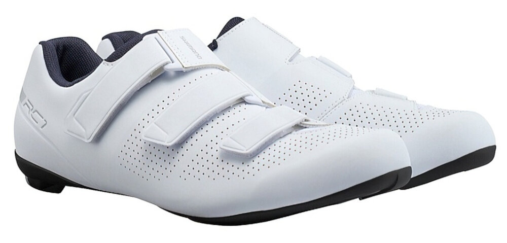 Buty rowerowe SHIMANO SH-RC102 Biały rozmiar 48 para butów na białym tle widoczna od przodu pod skosem w kolorze białym dla entuzjastów kolarstwa dobra wydajność komfort na drodze w rozmiarze 48 długość wkładki 30,5 cm