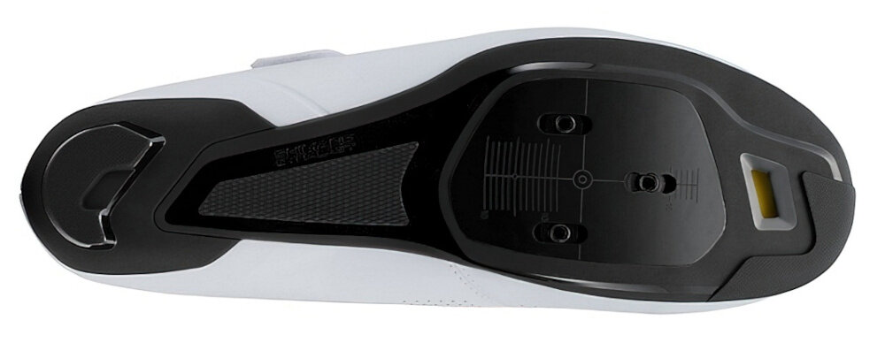 Buty rowerowe SHIMANO SH-RC102 Biały rozmiar 44 but na białym tle widoczny od spodu platforma do mocowania bloków w systemie SPD-SL umożliwia wpięcie buta w pedały zmaksymalizowanie kręcenia korbą stabilna jazdę na stojąco bezpieczny efektywny trening