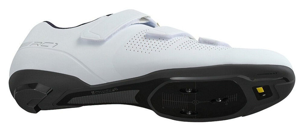 Buty rowerowe SHIMANO SH-RC102 Biały rozmiar 45 but widoczny od spodu anatomiczna konstrukcja bardzo dobre dopasowanie do stopy otulający wierzch krótki język z syntetycznej skóry z siatkową powierzchnią odpowiednia wentylacja