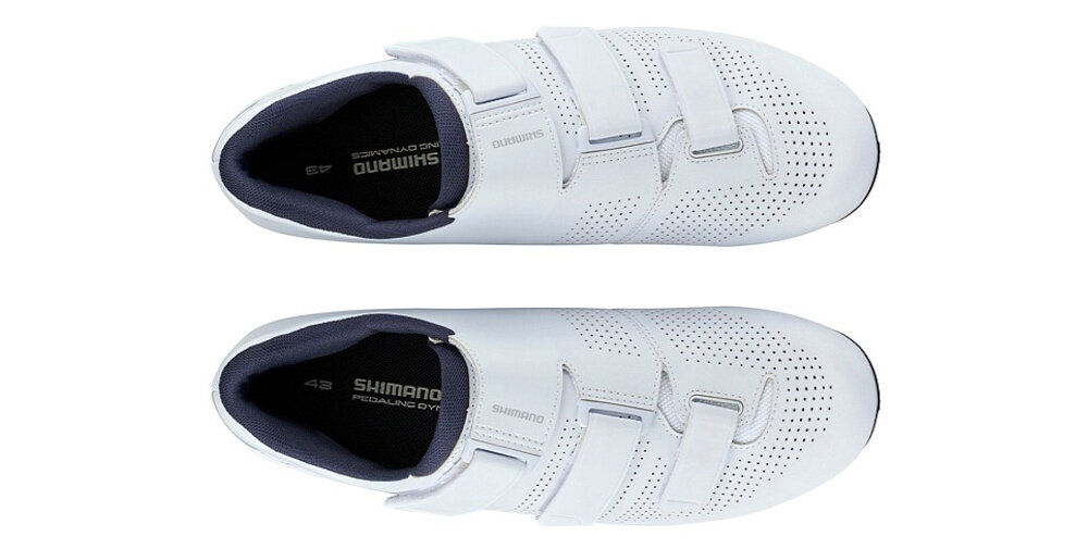 Buty rowerowe SHIMANO SH-RC102 Biały rozmiar 45 para butów na białym tle widoczna z góry wysoka jakość wydajnośc komfort podeszwa z lekkiego nylonu wzmocniona włóknem szklanym optymalna sztywność