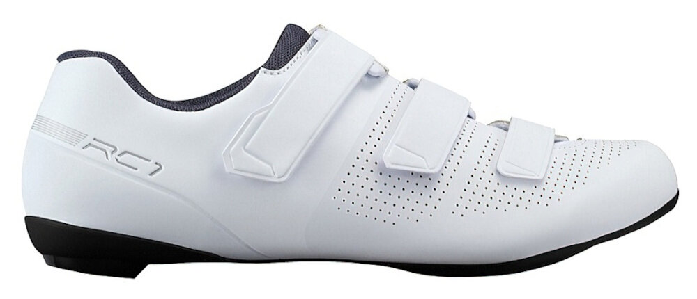Buty rowerowe SHIMANO SH-RC102 Biały rozmiar 45 but na białym tle widoczny z boku trzy praktyczne paski na rzepy umieszczone odwrotnie względem podbicia stabilność komfort noszenia stopa leży pewnie w bucie