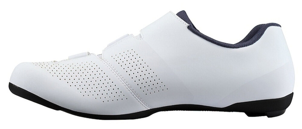 Buty rowerowe SHIMANO SH-RC102 Biały rozmiar 46 but widoczny z boku technologia DYNALAST autonomicznie zaprojektowane kopyto eliminację zakrzywienia lepsze dopasowanie buta do naturalnego kształtu stopy pięta jest głębiej osadzona w bucie