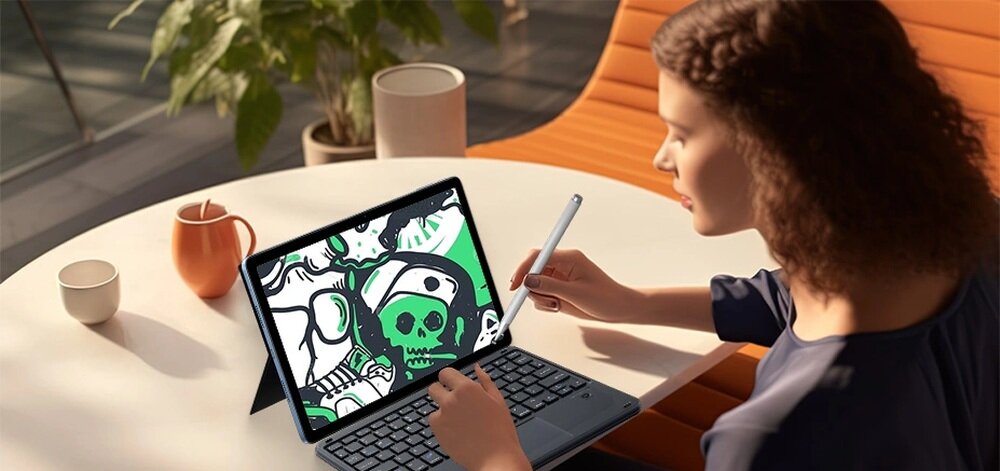 Tablet BLACKVIEW Tab 16 Pro kobieta rysuje na tablecie, rysik notatki rysowanie 