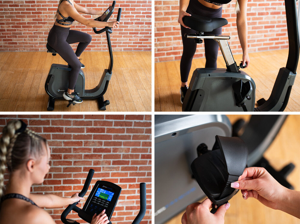 Rower elektromagnetyczny HMS PREMIUM M1815 kolaż zdjęć pokazujących funkcje roweru regulacja siodełka pionie (83–111 cm) i poziomie (5 cm) żelowe siodełko regulowane paski pedałów stabilizują stopy nisko wyprofilowana rama obudowa ułatwia wsiadanie i zsiadanie solidna konstrukcja waga 49,6 kg, udźwig do 150 kg stabilność bezpieczeństwo