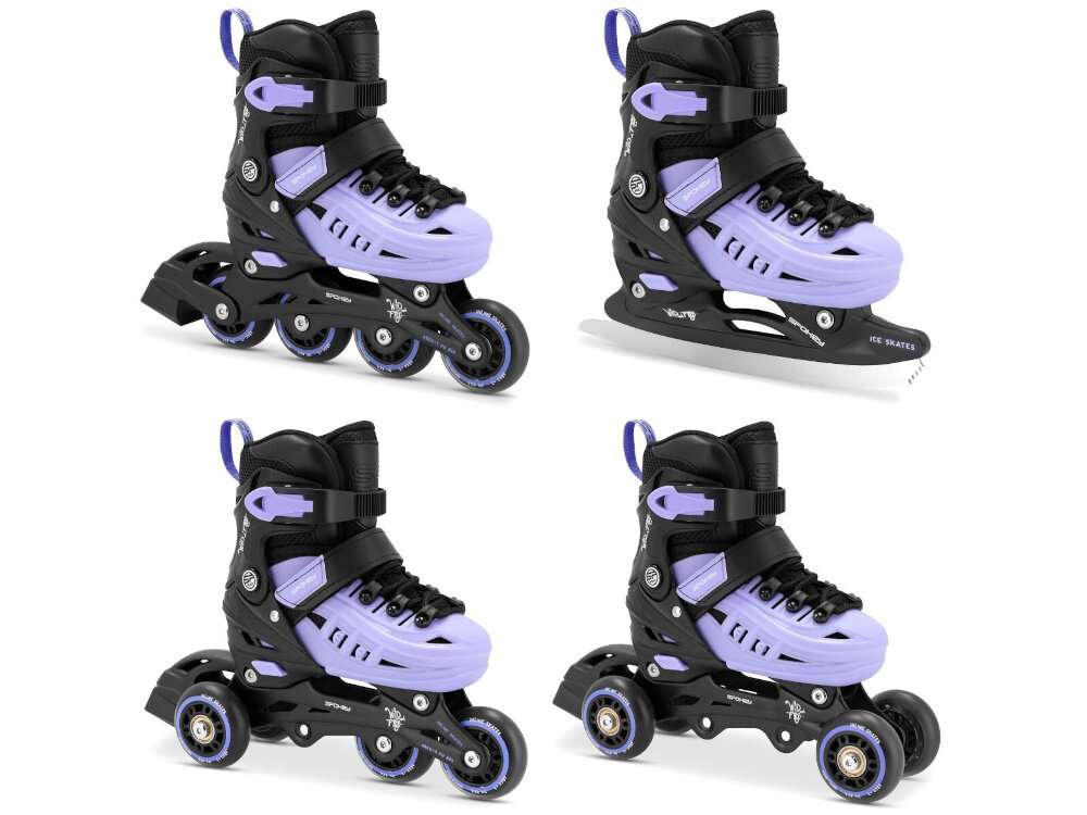 Łyżworolki SPOKEY 4ONE 4w1 (rozmiar 29-33) Czarny-fioletowe białe tło łyżworolki pokazane w każdej konfiguracji jako łyżwy Łyżworolki wrotki rolko-wrotki łyżworolki 4w1 dwie wymienne płozy łyżwowa i rolkowa cztery sposoby klasyczne łyżwy z hokejową płozą rolki z czterema kółkami w rzędzie wrotki z kółkami po bokach płozy rolko-wrotki z układem mieszanym