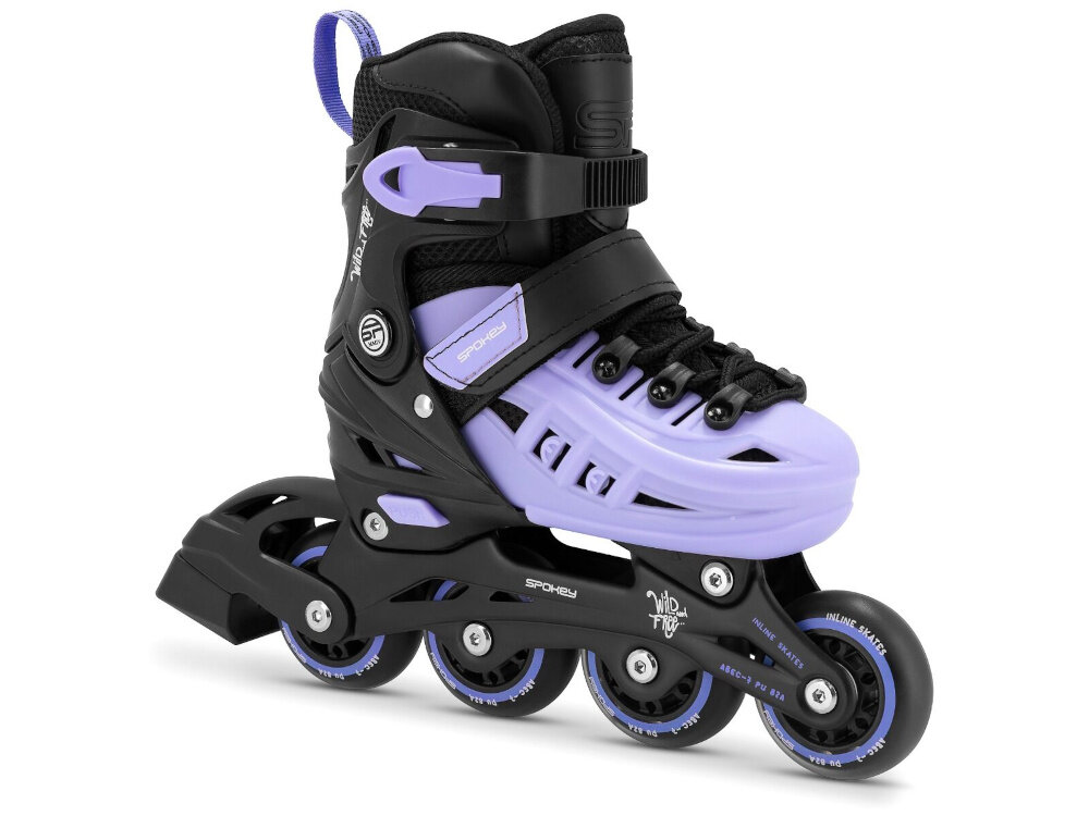 Łyżworolki SPOKEY 4ONE 4w1 (rozmiar 29-33) Czarny-fioletowe łyżworolka na białym tle widoczna od przodu pod skosem aluminiowa płoza zastosowana w wersji rolkowej niska waga odporność na uszkodzenia mechaniczne trwałość aluminium zachowują swoje właściwości