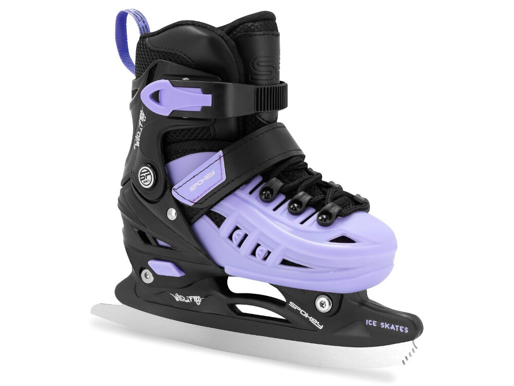 Łyżworolki SPOKEY 4ONE 4w1 (rozmiar 29-33) Czarny-fioletowe łyżwa na białym tle widoczna od przodu pod skosem klasyczna płoza łyżwy wykonana ze stali nierdzewnej sprzęt do zimowych warunków stal nierdzewna umożliwia płynny ślizg odporność na korozję