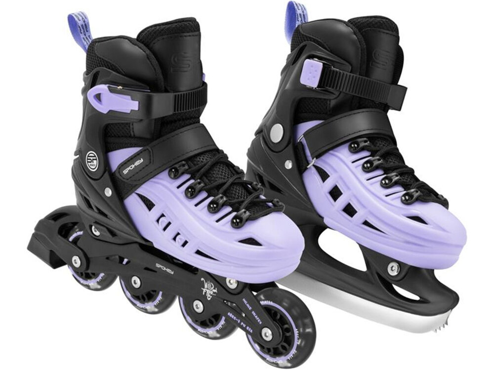 Łyżworolki SPOKEY 4ONE 4w1 (rozmiar 34-38) Czarny-fioletowe łyżworolka i łyżwa na białym tle widoczne od przodu pod skosem profilowana wkładka z aksamitu i lekkiego materiału EVA wysoki komfort użytkowania skuteczniej amortyzuje wstrząsy zmniejsza zmęczenie stóp i poprawia stabilność większa kontrola nad łyżworolkami pewniejsze manewrowanie