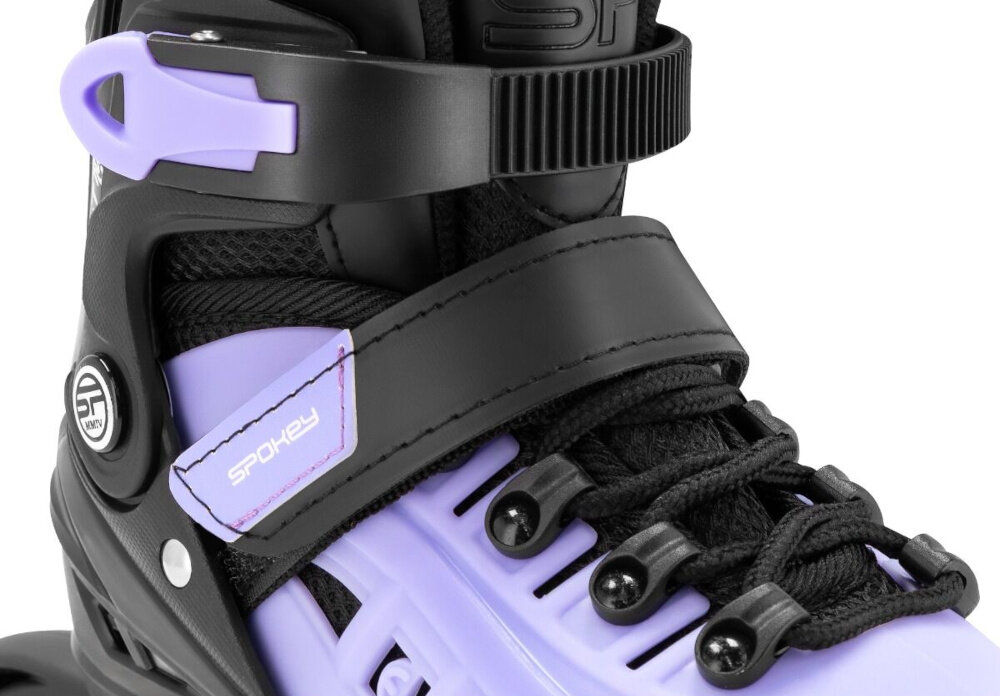 Łyżworolki SPOKEY 4ONE 4w1 (rozmiar 39-42) Czarny-fioletowe zbliżenie na zapięcia białe tło system zapięcia oparty na dwusekcyjne klamrze, rzepie i sznurówkach precyzyjne dopasowanie do stopy stabilizuje nogę ogranicza jej przesuwanie się wewnątrz buta poprawia komfort pewne trzymanie stopy zwiększa poczucie kontroli