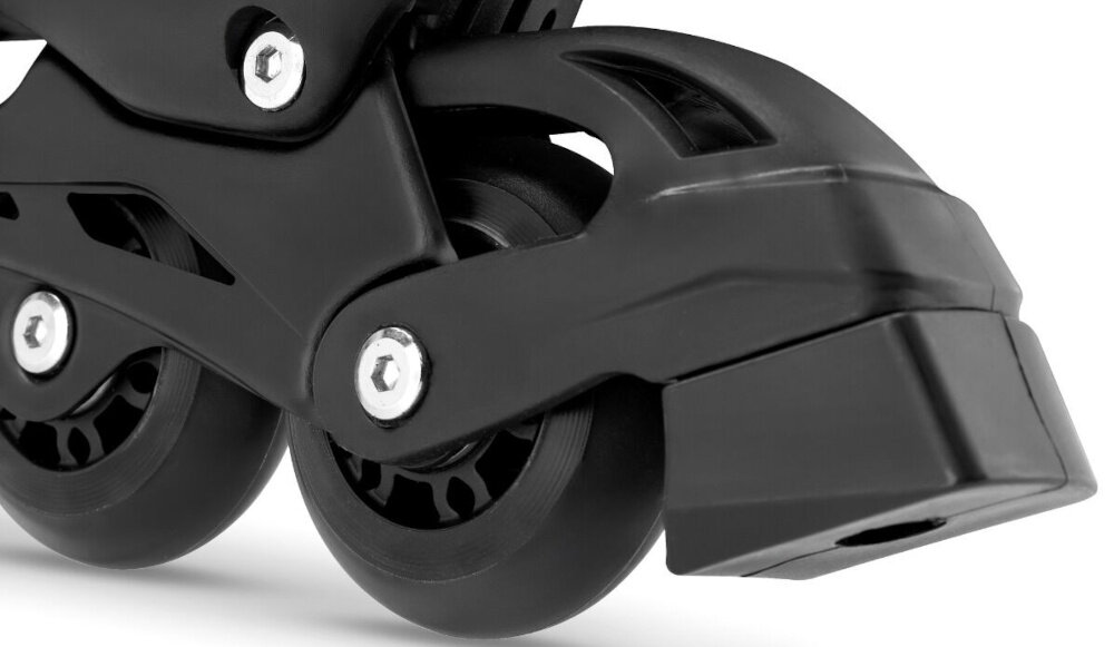 Łyżworolki SPOKEY 4ONE 4w1 (rozmiar 39-42) Czarny-fioletowe zbliżenie na hamulec białe tło hamulec nożny pełna kontrola nad zatrzymywaniem się można precyzyjnie regulować prędkość minimalizując ryzyko wypadków zwiększając komfort jazdy