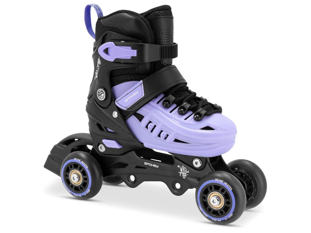 Łyżworolki SPOKEY 4ONE 4w1 (rozmiar 39-42) Czarny-fioletowe wrotka na białym tle widoczna od przodu pod skosem twarda skorupa stabilne i pewne trzymanie stopy lepszą kontrolę podczas jazdy chroni przed urazami mechanicznymi i stabilizuje kostkę bezpieczniejsza jazda precyzyjniejsze prowadzenie wyższy komfort