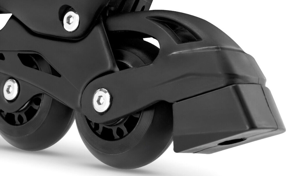 Łyżworolki SPOKEY 4ONE 4w1 (rozmiar 29-33) Czarny zbliżenie na hamulec białe tło hamulec nożny pełna kontrola nad zatrzymywaniem się można precyzyjnie regulować prędkość minimalizując ryzyko wypadków zwiększając komfort jazdy