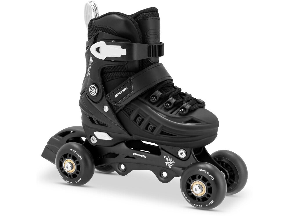 Łyżworolki SPOKEY 4ONE 4w1 (rozmiar 29-33) Czarny wrotka na białym tle widoczna od przodu pod skosem twarda skorupa stabilne i pewne trzymanie stopy lepszą kontrolę podczas jazdy chroni przed urazami mechanicznymi i stabilizuje kostkę bezpieczniejsza jazda precyzyjniejsze prowadzenie wyższy komfort