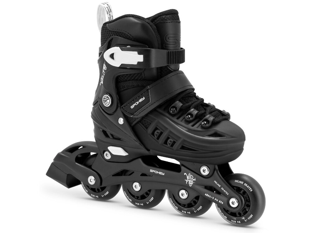 Łyżworolki SPOKEY 4ONE 4w1 (rozmiar 29-33) Czarny łyżworolka na białym tle widoczna od przodu pod skosem aluminiowa płoza zastosowana w wersji rolkowej niska waga odporność na uszkodzenia mechaniczne trwałość aluminium zachowują swoje właściwości