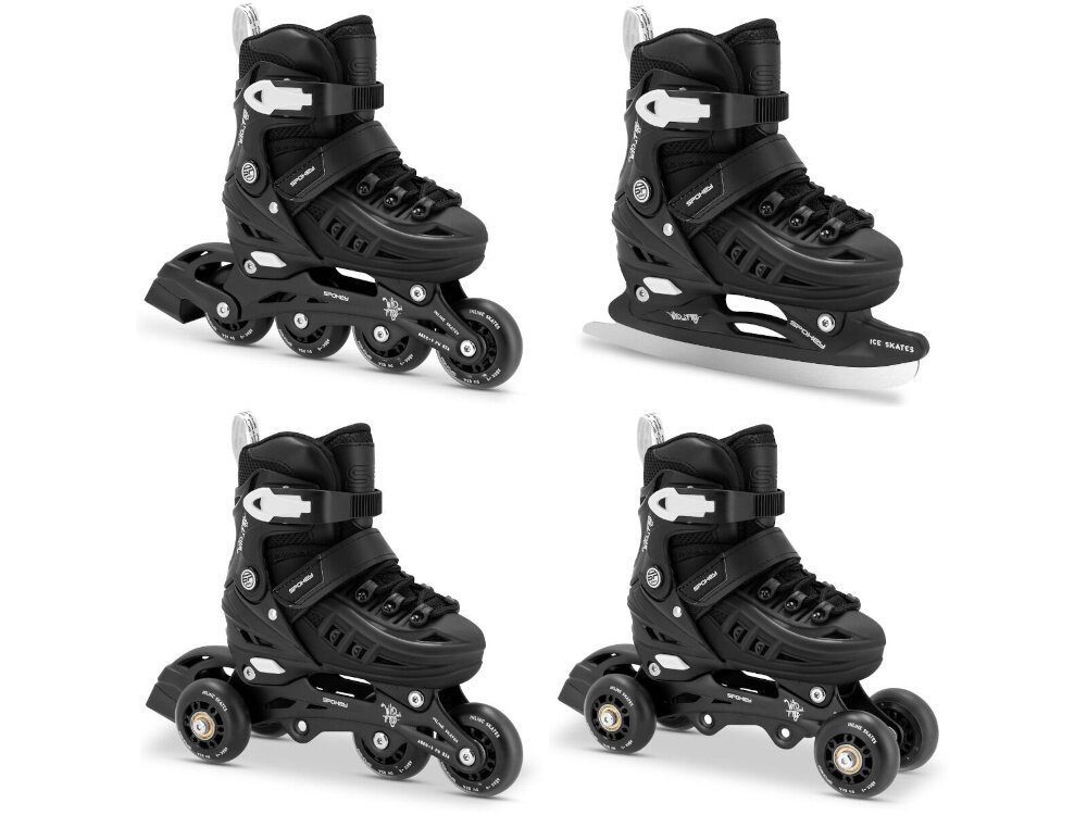 Łyżworolki SPOKEY 4ONE 4w1 (rozmiar 39-42) Czarny białe tło łyżworolki pokazane w każdej konfiguracji jako łyżwy Łyżworolki wrotki rolko-wrotki łyżworolki 4w1 dwie wymienne płozy łyżwowa i rolkowa cztery sposoby klasyczne łyżwy z hokejową płozą rolki z czterema kółkami w rzędzie wrotki z kółkami po bokach płozy rolko-wrotki z układem mieszanym