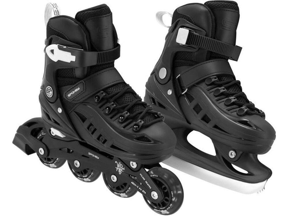 Łyżworolki SPOKEY 4ONE 4w1 (rozmiar 39-42) Czarny łyżworolka i łyżwa na białym tle widoczne od przodu pod skosem profilowana wkładka z aksamitu i lekkiego materiału EVA wysoki komfort użytkowania skuteczniej amortyzuje wstrząsy zmniejsza zmęczenie stóp i poprawia stabilność większa kontrola nad łyżworolkami pewniejsze manewrowanie