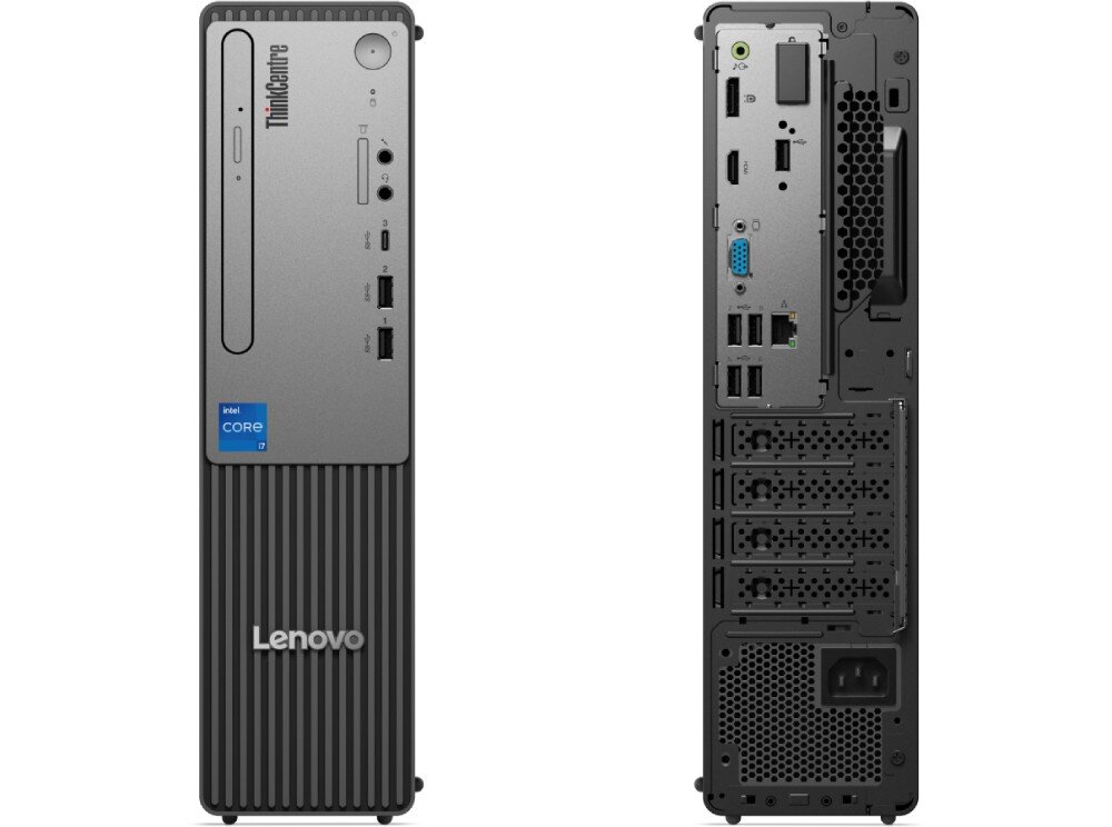 Komputer LENOVO ThinkCentre Neo 50s Gen 5 Zdjęcie przedstawia przedni panel obudowy komputera z przyciskiem zasilania, napędem optycznym i portami USB oraz tylny panel z licznymi gniazdami, porty, złącza