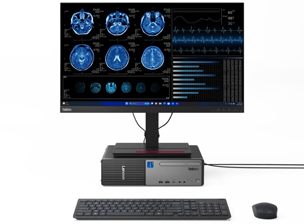 Komputer LENOVO ThinkCentre Neo 50s Gen 5 Dwa ujęcia obudowy komputera stacjonarnego prezentujące lewy bok z widocznym podłużnym otworem wentylacyjnym oraz widok z przodu ukazujący perforowaną dolną część obudowy, zabezpieczenia układ TPM