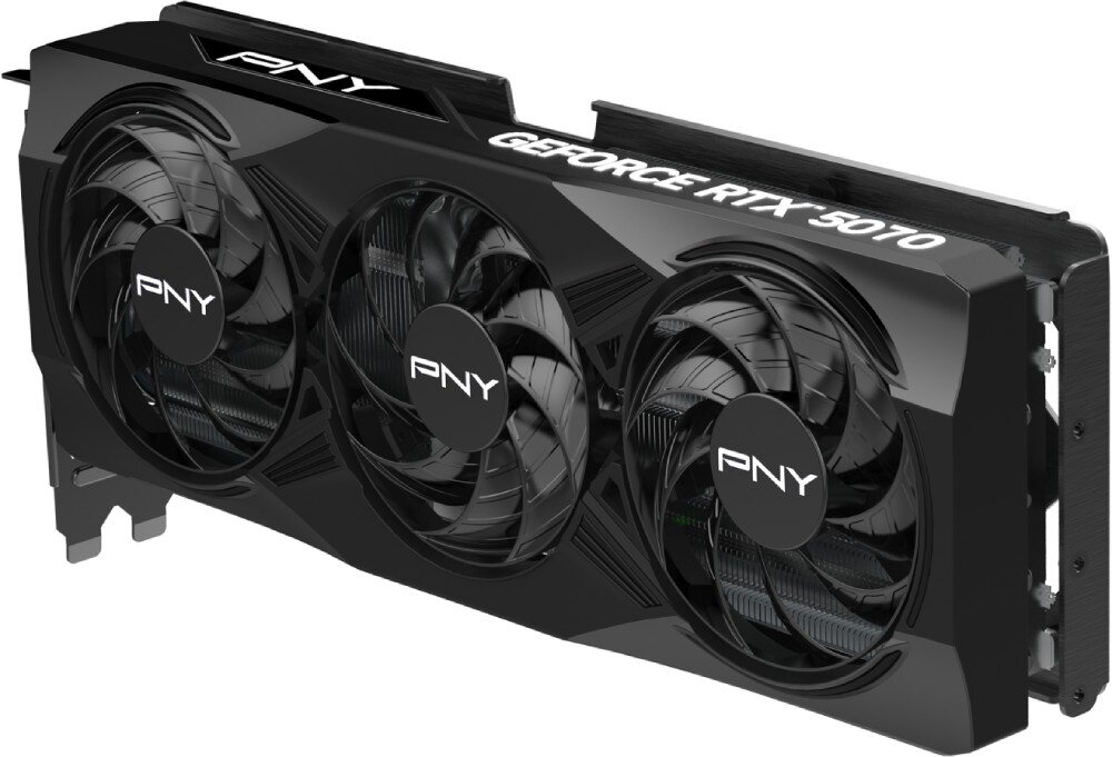 Karta graficzna PNY GeForce RTX 5070 Overclocked Triple Fan 12GB Widok na kartę z innej perspektywy, ukazujący jej grubość oraz detale konstrukcyjne, chłodzenie wentylatory, temperatura, stabilność