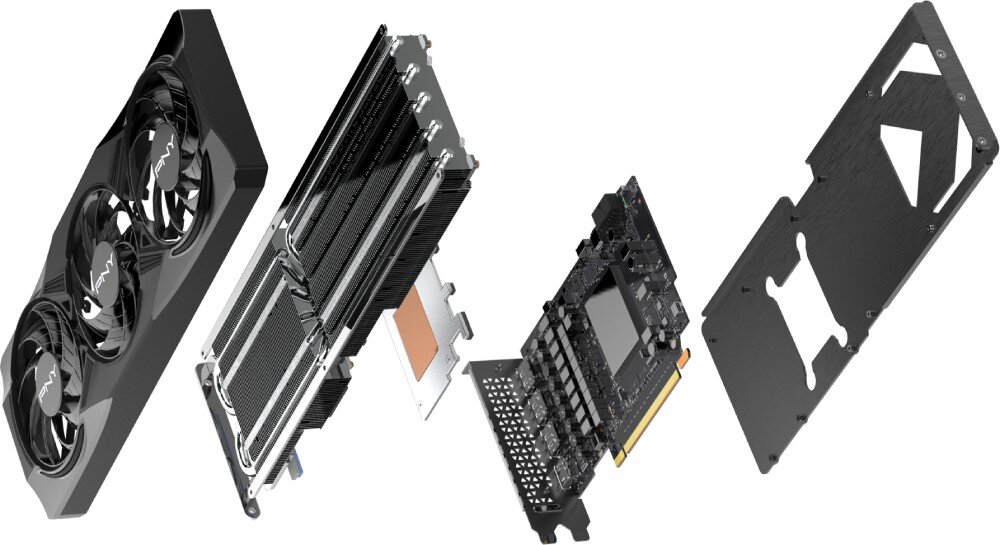 Karta graficzna PNY GeForce RTX 5070 Overclocked Triple Fan 12GB Tylny panel karty graficznej z metalowym backplate’em, który ma gładką powierzchnię ozdobioną wyżłobionym wzorem i otworami wentylacyjnymi, konstrukcja, metalowa płyta tylna