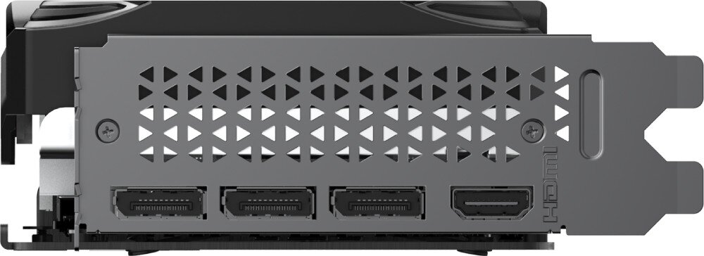 Karta graficzna PNY GeForce RTX 5070 Overclocked Triple Fan 12GB Zbliżenie na panel wyjść karty graficznej. Znajdują się na nim trzy porty DisplayPort oraz jedno złącze HDMI, umieszczone w metalowej osłonie , porty, złącza