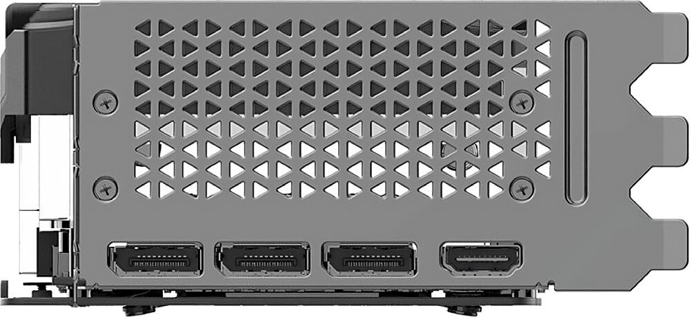 Karta graficzna PNY GeForce RTX 5070 Ti STD Triple Fan 16GB Zbliżenie na panel wyjść karty graficznej. Znajdują się na nim trzy porty DisplayPort oraz jedno złącze HDMI, umieszczone w metalowej osłonie , porty, złącza
